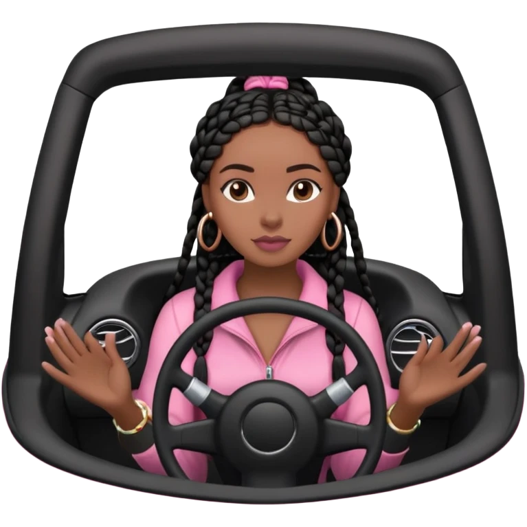 A dark-skinned Black woman with black box braids, hands on the steering wheel, looking ahead in Pink car emoji