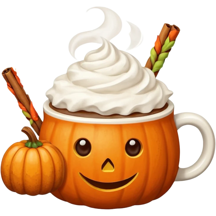 Steaming coffee Mug with whipped Cream and cinnamon Dust on Cream.  Small Punkin and 3 sticks of cinnamon next to mug emoji