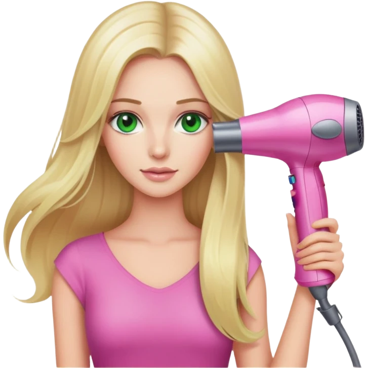 blonde woman with long hair and green eyes holding a pink Dyson hair dryer emoji