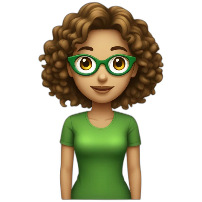 Menina de olhos verdes, pele branca e cabelo ondulado castanho usando óculos  emoji