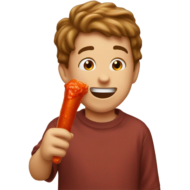 Boy eating beef stick with hot sauce emoji