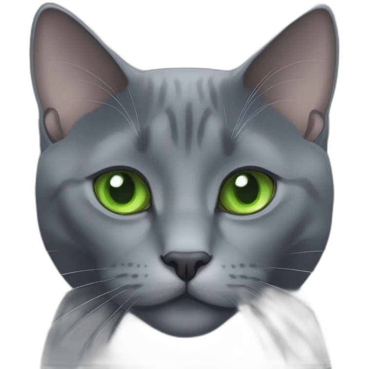 round faced grey russian blue cat with green eyes with big pupils and chonk emoji
