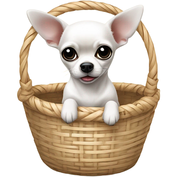 white chihuahua with black ears in basket with bow emoji