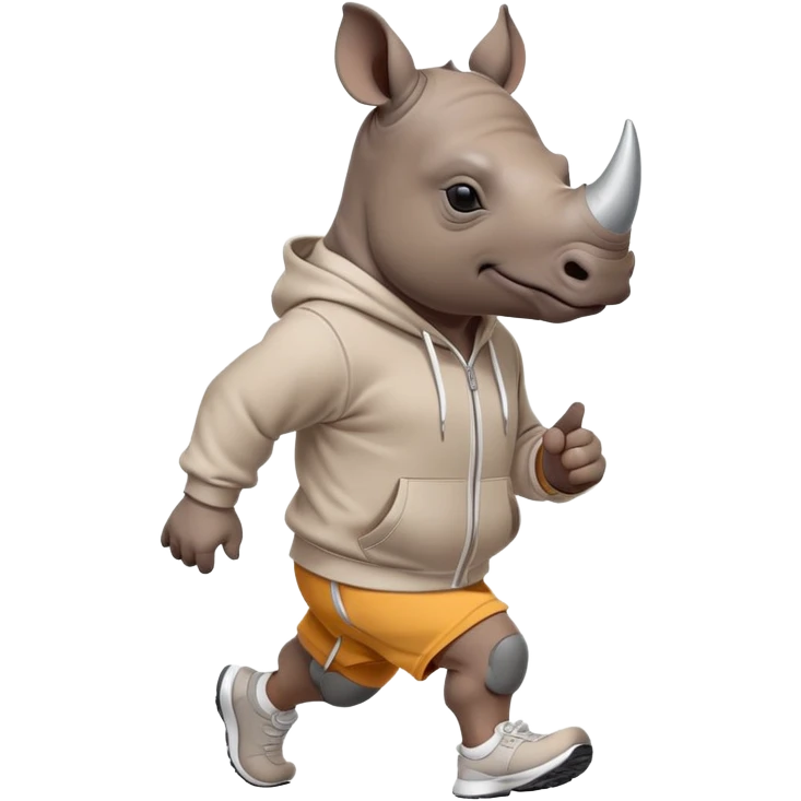 friendly anthropomorphised rhino jogging upright, wearing a hoodie and shorts, dark sunglasses, relaxed pose emoji