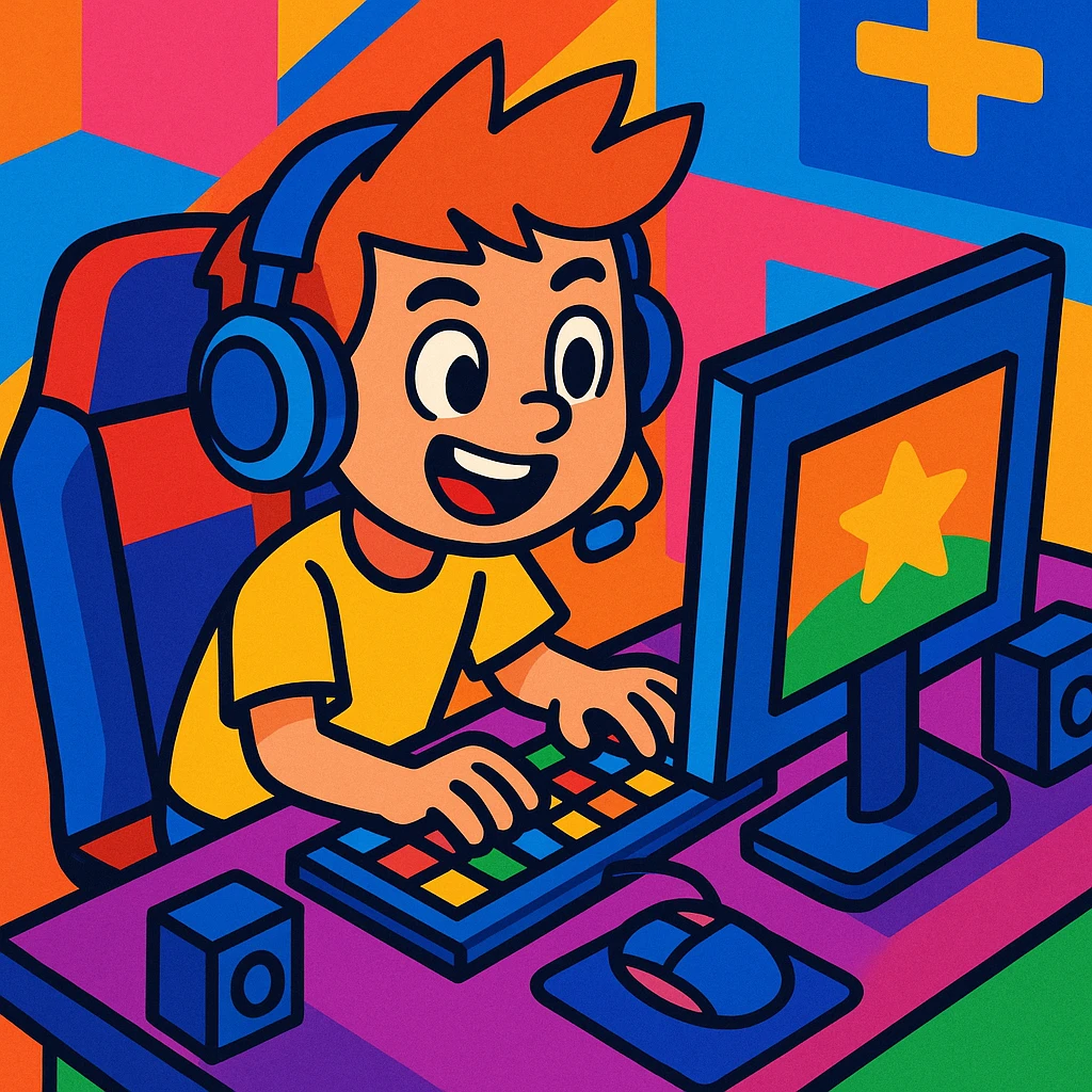a young boy with a gaming setup, colorful and energetic, vibrant, playful, fun, modern emoji
