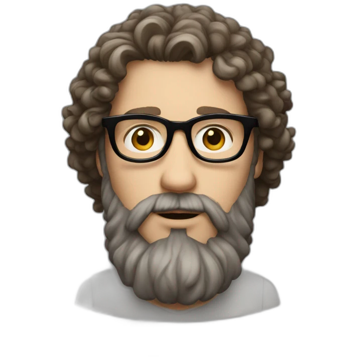 white man with curly brown hair, long beard and black rimmed glasses emoji