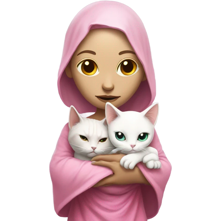 Reptilian alien woman, in meditation pink dress hugs a white cat emoji