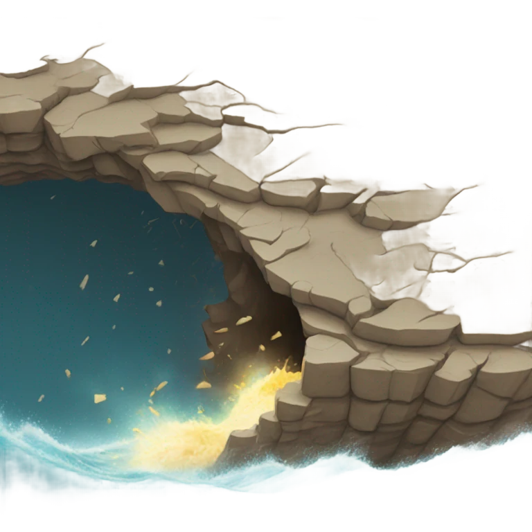 Cracks opening in the ground, with pieces of rock and debris flying through the air, causing a wave of energy to ripple outward from the epicenter of the shock. emoji