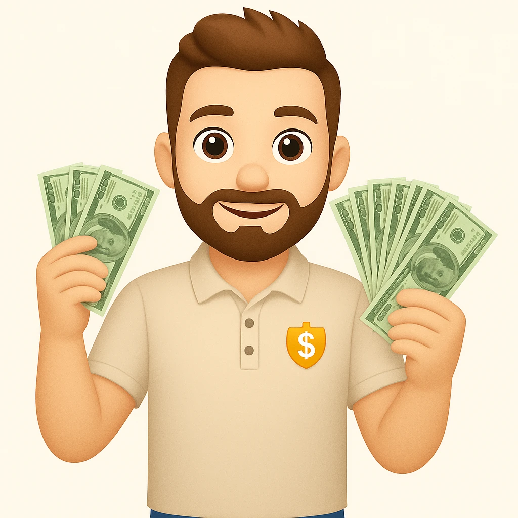 Peau un peu plus claire et cheveux relevés sur l'homme barbu châtain en polo avec des liasses de billets, make it emoji style emoji