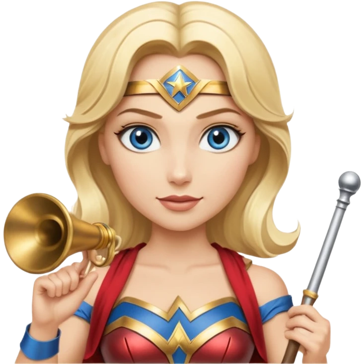 Blonde blue eyed Wonder Woman holding white orchestra conductor’s baton and bell  emoji