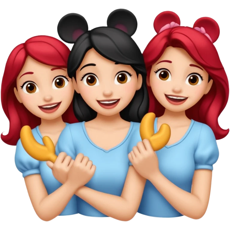 Son quatro chicas montadas en una atraccion de levantando la mano con orejas de Disney puestas en una atracción emoji
