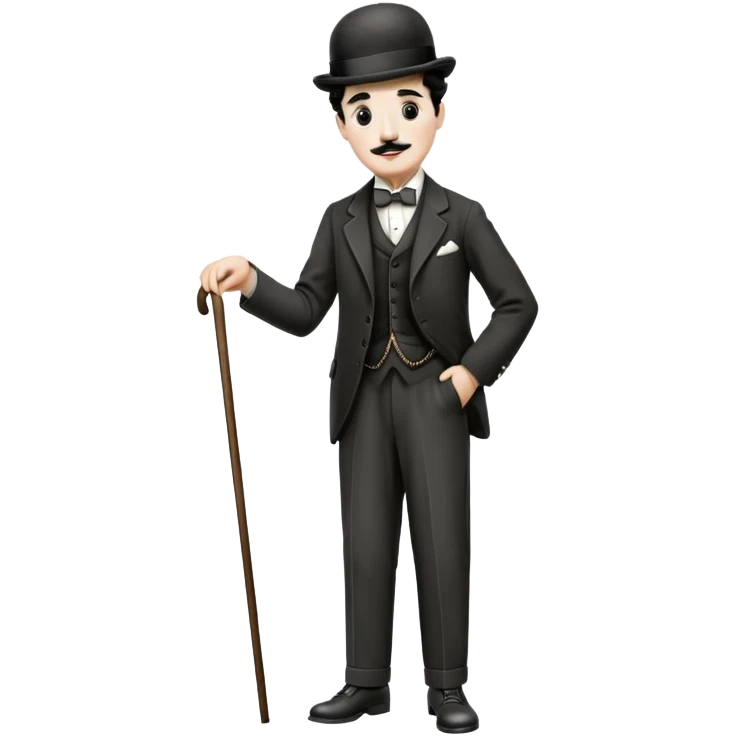 Charlie Chaplin with bowler hat, small mustache, suit, cane, and classic pose emoji