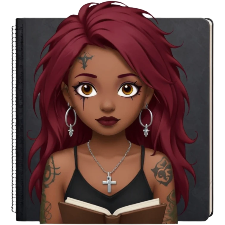 generate an ios genmoji of a dusky girl with long dark red messy hair with eyeliner on her eyes. septum piercing, wearing a cami black top, has tattoos, on shoulders. ear piercings. wearing a cross silver necklace. carrying a lot of sketchbooks emoji