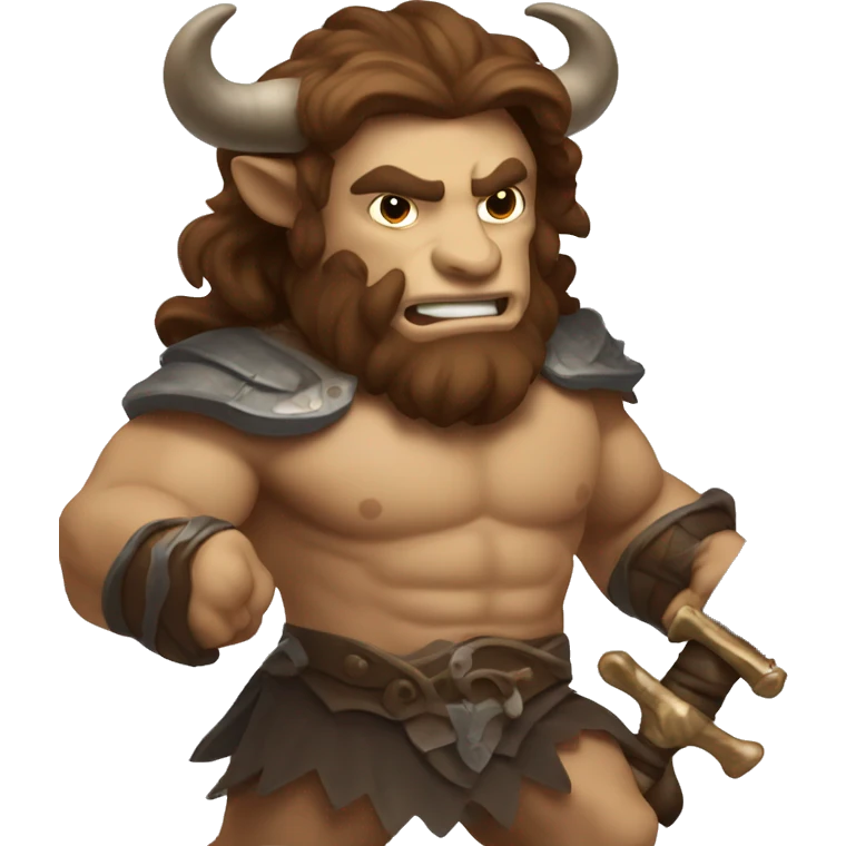 Minotaur with luxurious long brown hair swinging a large sword emoji