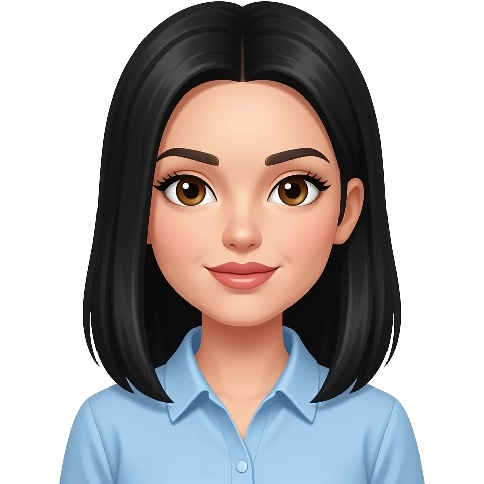 white girl, very beautiful woman, with big plump lips, long long lashes, black straight hair with face framing pieces tucked behind ears, brown eyes, light blue shirt emoji