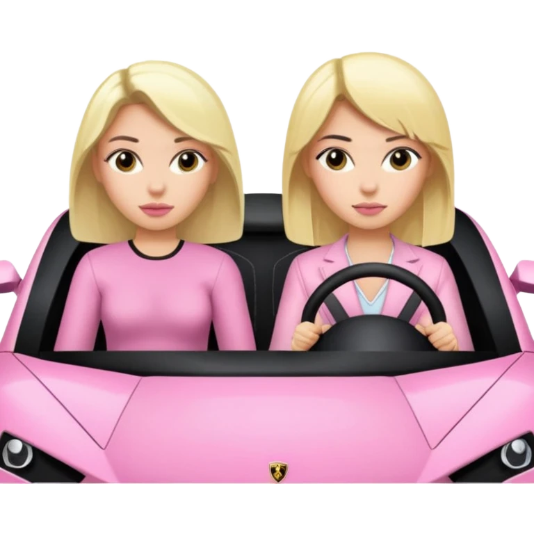 Make car far away so I can see full car Car facing forward in sports car. Make hair long  One girl is blonde, one girl is black hair . Front of car sitting in the seats. Make it a pink sports car. They are two baddies make it a Lamborghini pink car  emoji