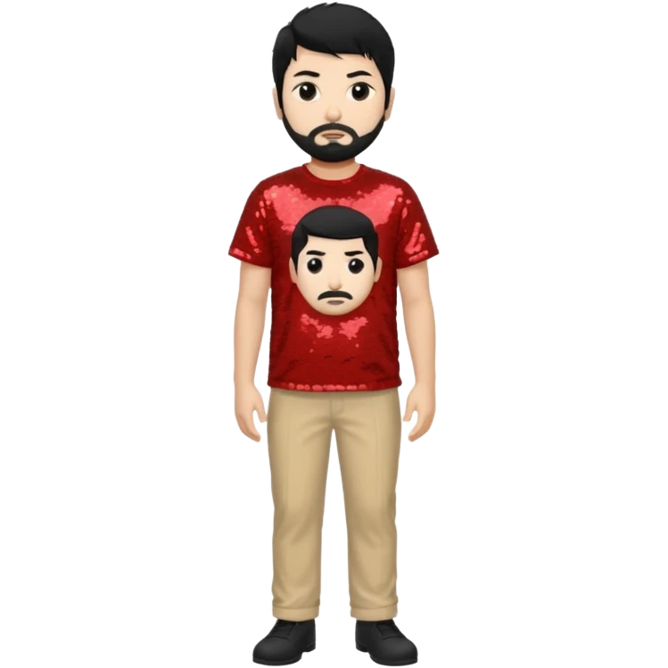Chino Moreno with black hair, red sequin shirt, beige sequin baggy pants emoji