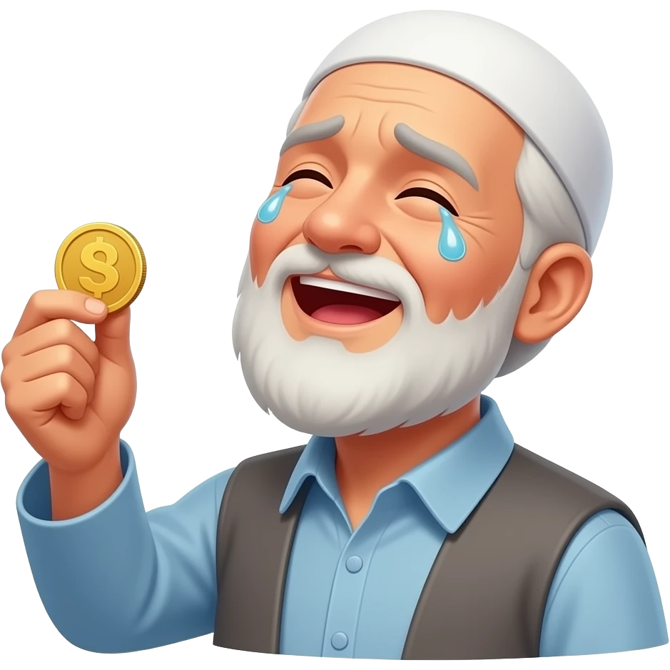 a poor elderly muslim man holding a gold coin, tears in his eyes, emotional happiness, looking up to sky with gratitude, warm glowing light on face, cinematic, ultra realistic, no text emoji