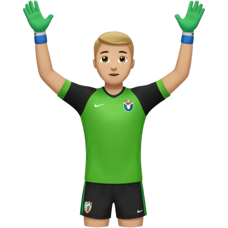 soccer goalkeeper green shirt, shorts, socks, football boots arms up emoji