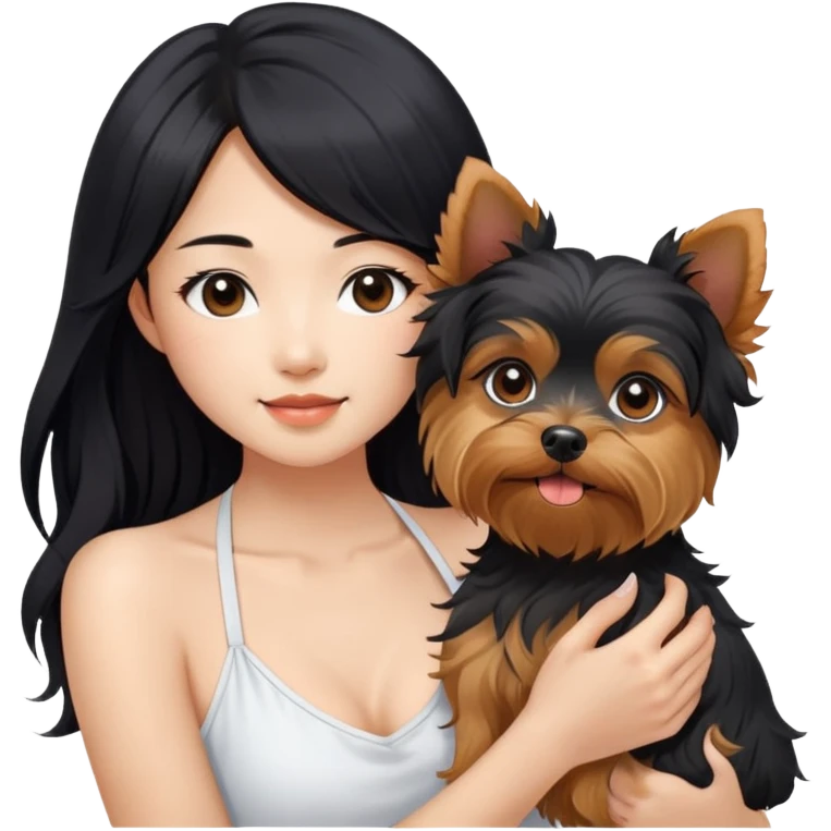 A pretty Asian girl with long, luscious wavy black hair (loose, no hair tie), wearing a white sleeveless halter top. She's holding a Yorkshire Terrier.  emoji