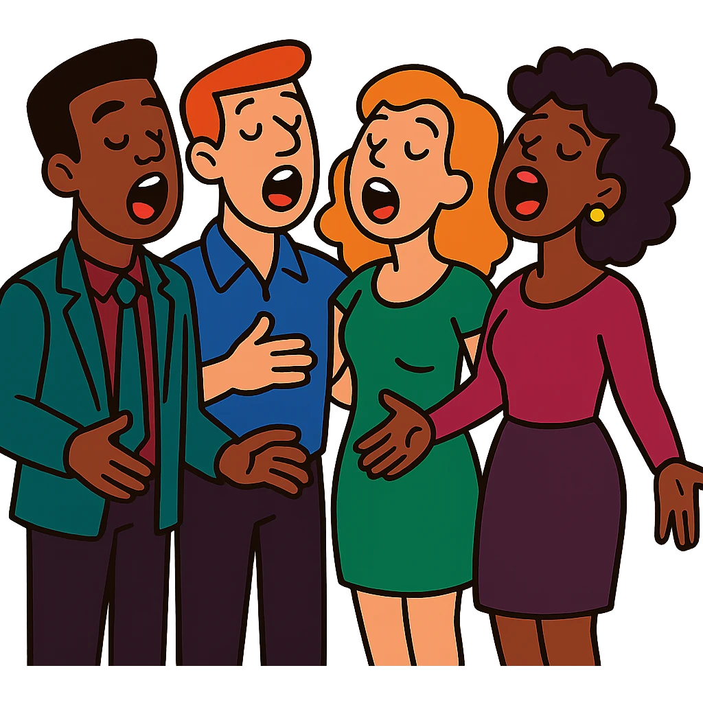 acappella group singing together, cartoon style, vibrant toon style emoji