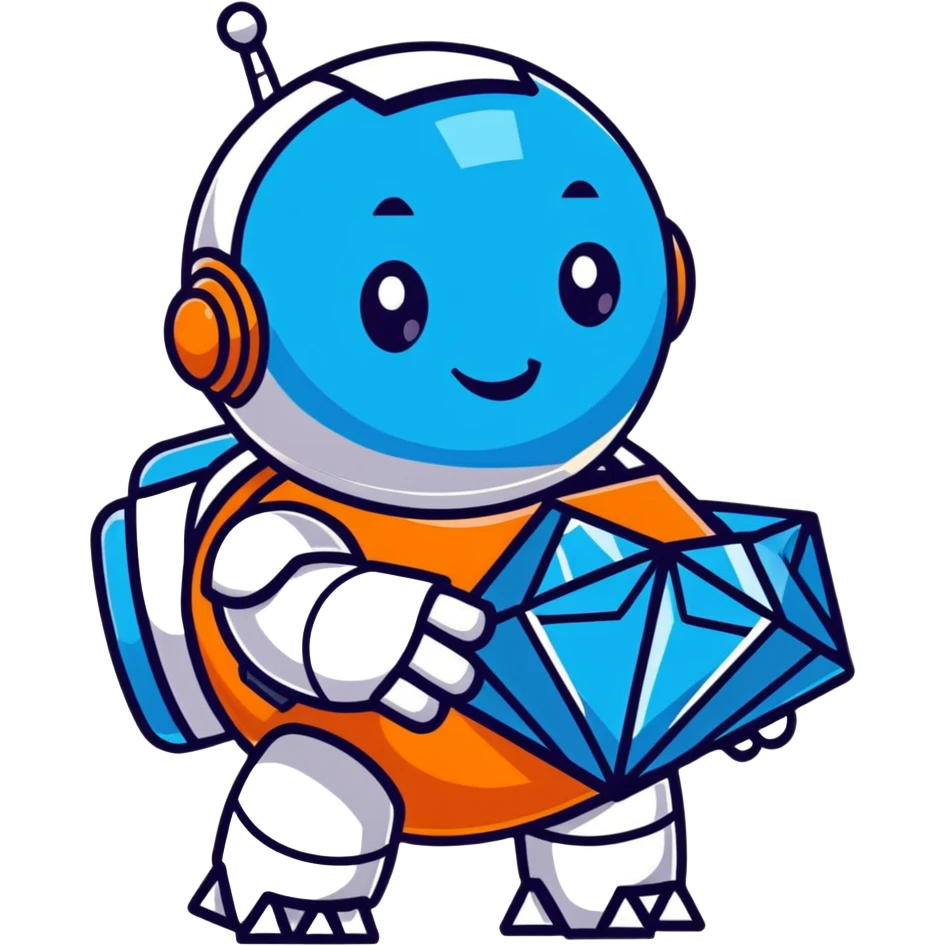 smiling robot holding a large blue diamond emoji