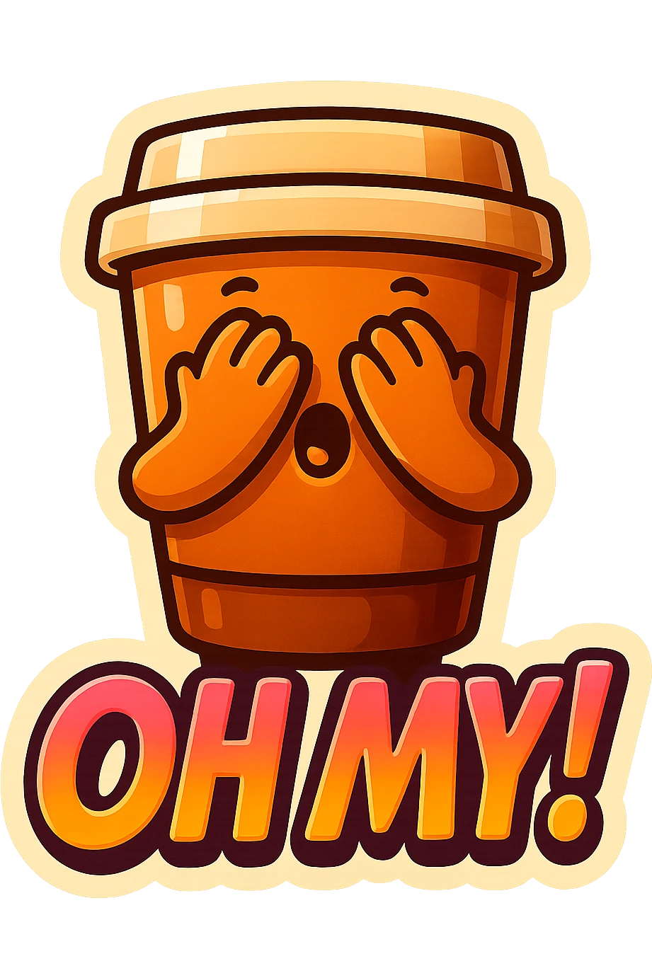 Tall coffee cup, hiding face, peeking through fingers, big "Oh My!" emoji