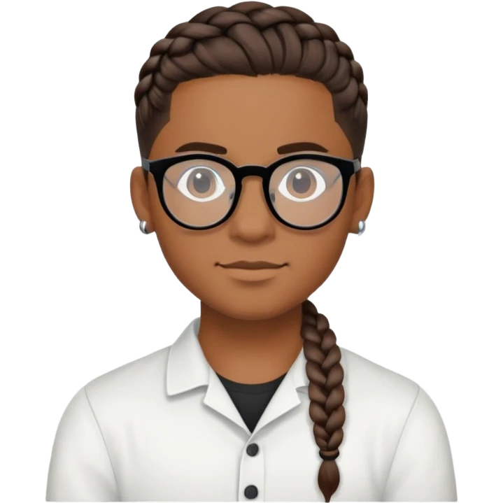joven moreno con trenza pegada, bluao por los lados, arete y lentes negros, cabeza media redonda emoji