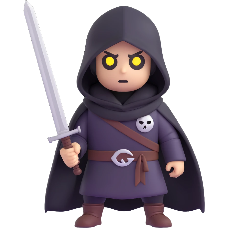 mysterious dark figure with glowing white eyes, wearing a hood, with a sword on its back, 3D Emoji style emoji