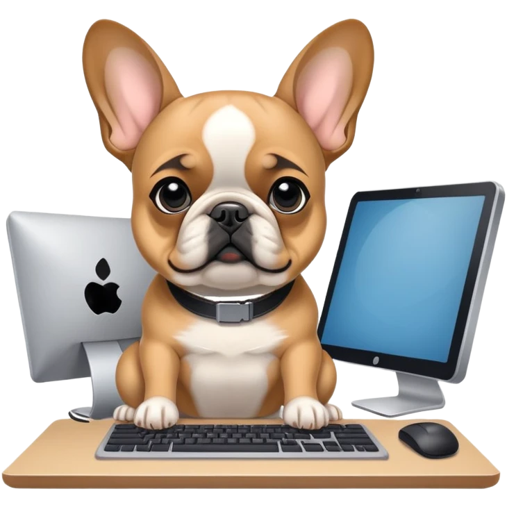 Fawn Frenchie with black muzzle working behind computer emoji