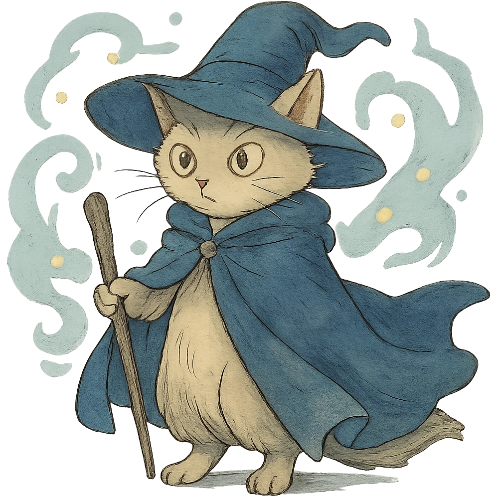 ghibli style wizard cat with a flowing cloak and magical aura emoji