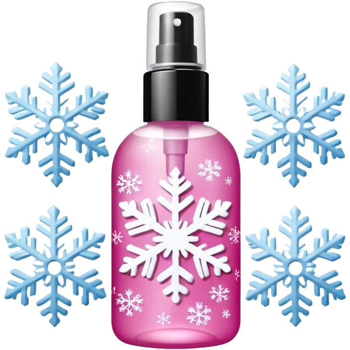 pink body mist bottle with white snowflakes emoji