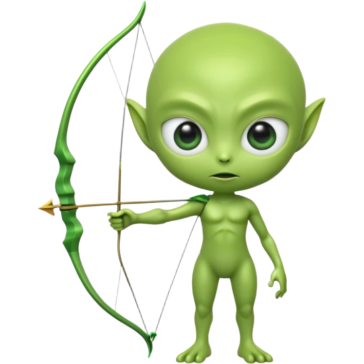 3D emoji-style green alien holding a bow and arrow, glossy texture, smooth skin, large expressive eyes, small humanoid body, minimalist background, soft lighting, Pixar-style rendering, high detail, cute but slightly serious expression, clean centered composition emoji