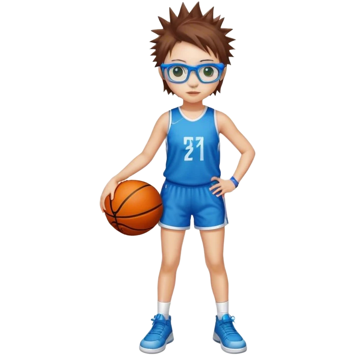Full Body white Girl with basketball spikey short brown hair  wearing blue glasses with green eyes emoji