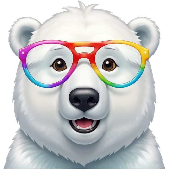 close up headshot of a friendly anthropomorphised polar bear with excited expression wearing large multicolored star-shaped glasses emoji