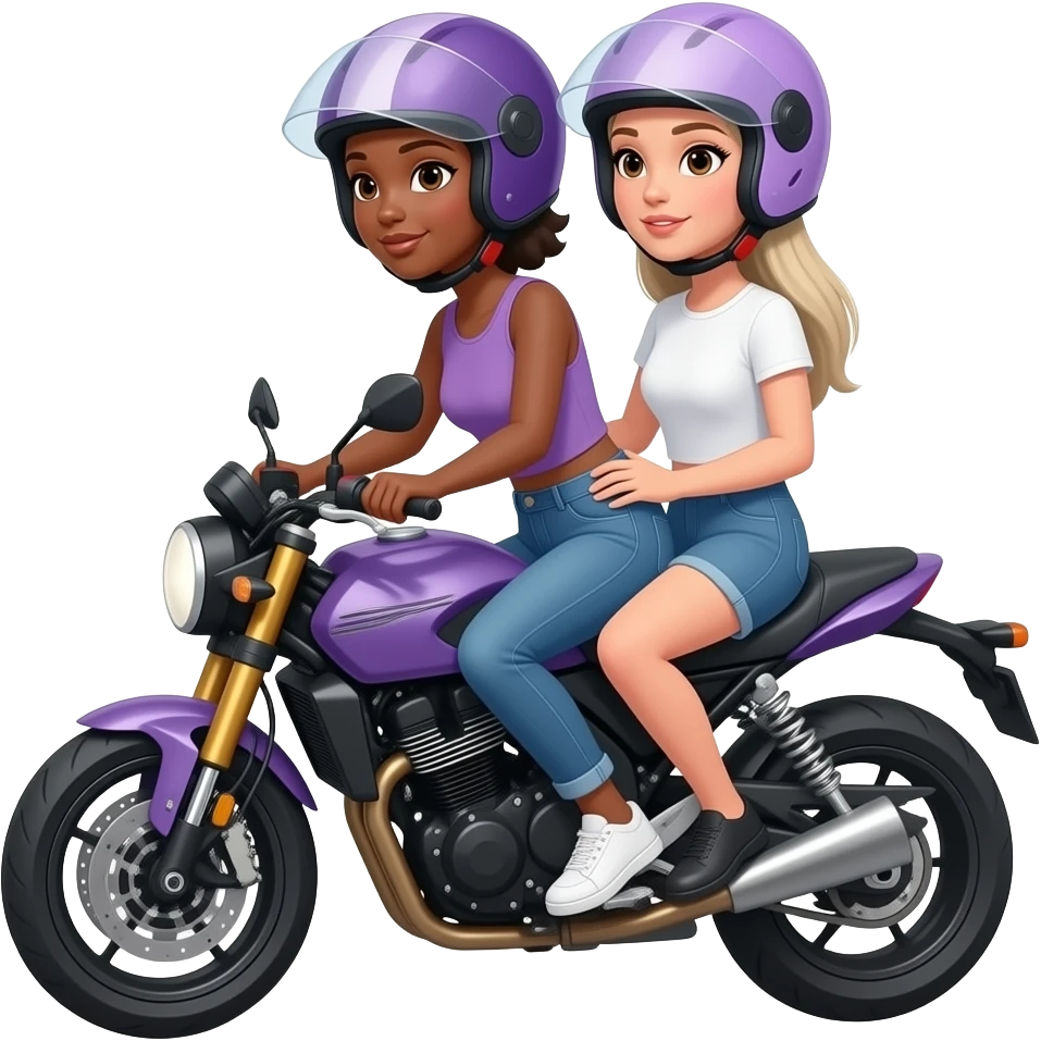 Mujer morena y mujer blanca de cabello lacio en moto con casco color lila y morado emoji