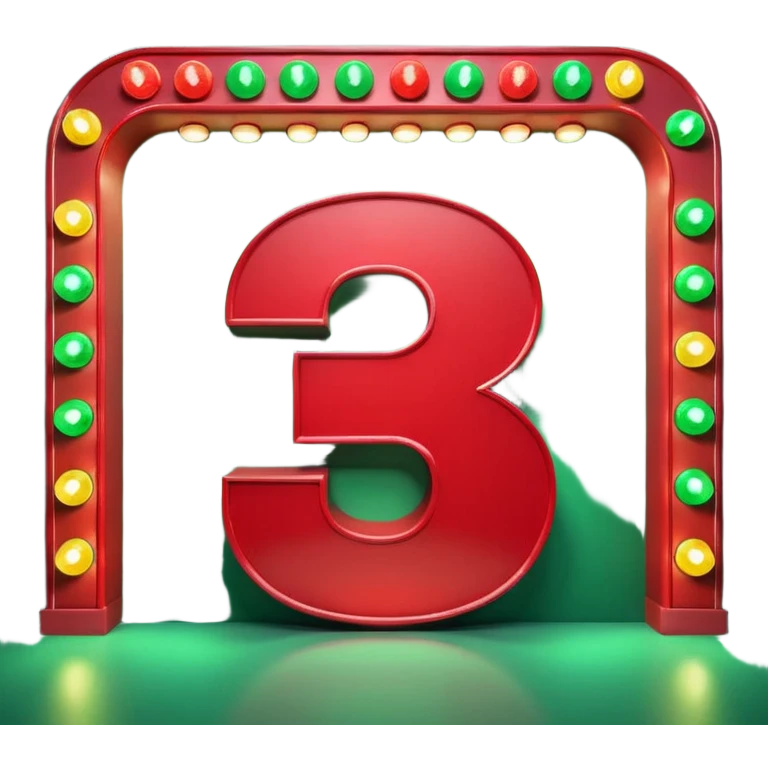 A 3D number 3 in a movie theater setting, shiny red surface; bright string lights on the number, the border is green with tiny string lights like stroke ; cinematic glow with subtle haze; glossy, premium Hollywood countdown look; centered composition. emoji