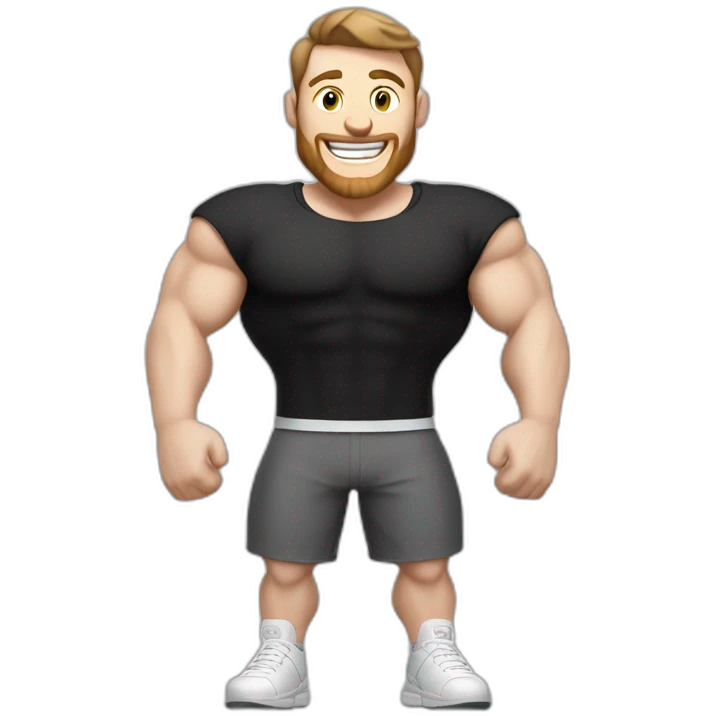 Joyful Celebrating victory Pale skinned Fit Man With the biceps and dark brown hair in black shirt, gray sports shorts and white Sneakers emoji