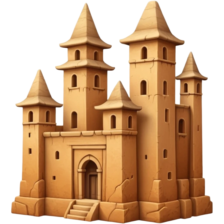 highly detailed emoji of a large ancient adobe building with tall uneven towers and textured walls, focus on architectural scale and intricate surface details, no sky or sunset emoji