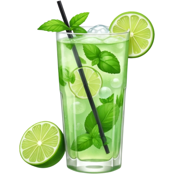 A mojito filled with mint leaves, lime wedges, and sparkling bubbles.
 emoji