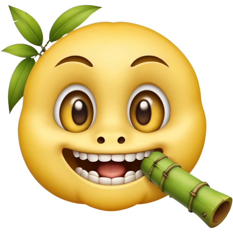 classic yellow emoji face with large eyes biting firmly on bamboo muzzle, teeth visible emoji