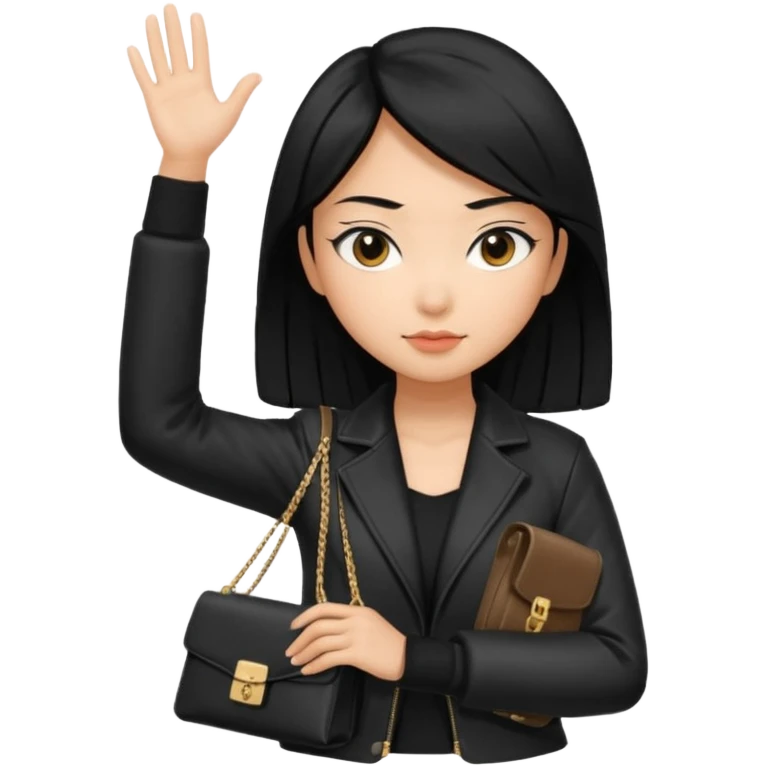 A girl with a pony tail black hair and Asian tan skin, Asian eyes, with a black jacket and a black purse with arms crossed  emoji