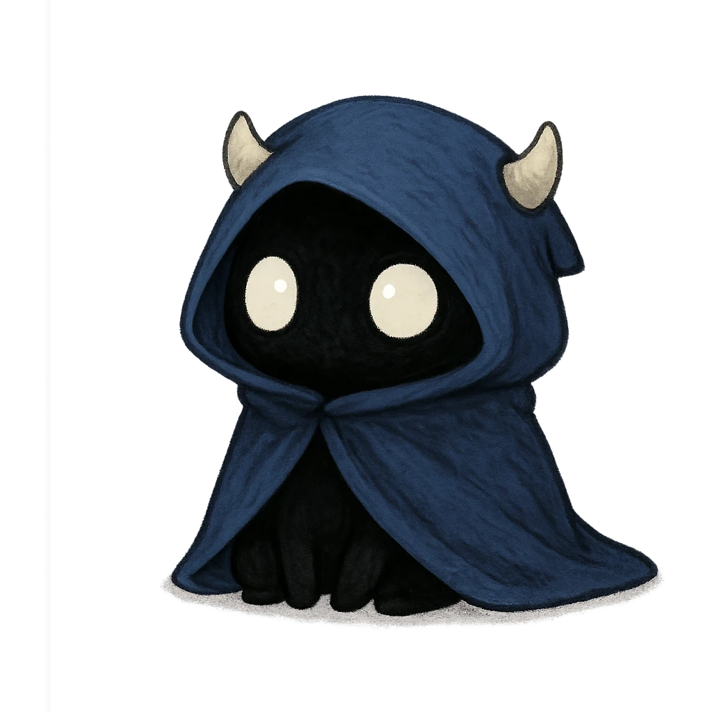small adorable creature with a blue cloak, black body, white eyes, tiny horns under its hood emoji