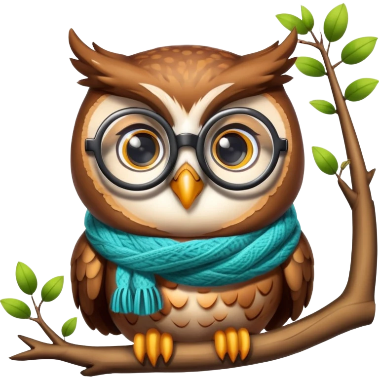 A cute owl with big round glasses sitting on a tree branch. She has a cozy scarf emoji