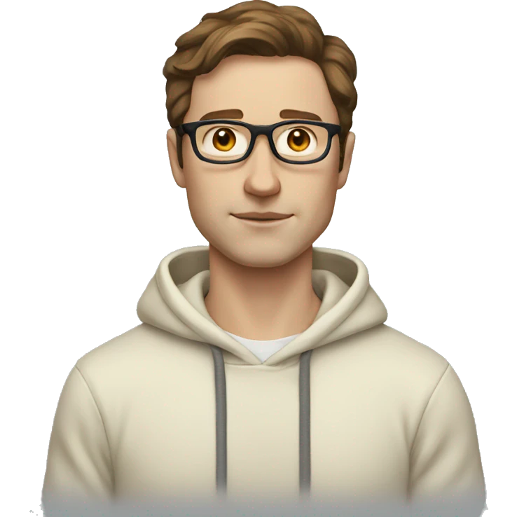 Man with brown hair and glasses wearing a cream hoodie, with a pale skin emoji
