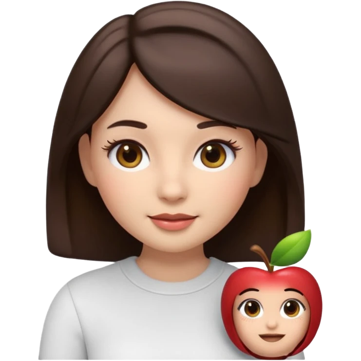 3D emoji sticker of a cute girl, Apple Memoji style, dark brown hair, brown eyes, long eyelash extensions, soft facial features, clean white background, smooth lighting, high quality, cute and friendly expression emoji