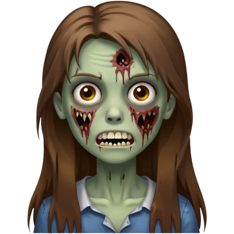 Girl zombie with brown long hair with teeth and serious face emoji