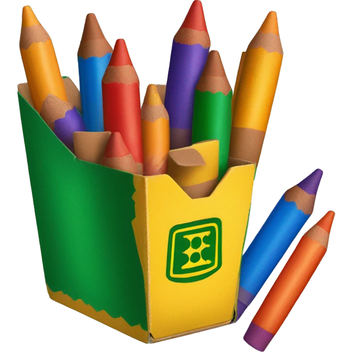 Yellow and Green Crayola Crayon Box with Red Orange Yellow Green Blue And Purple Crayons inside emoji