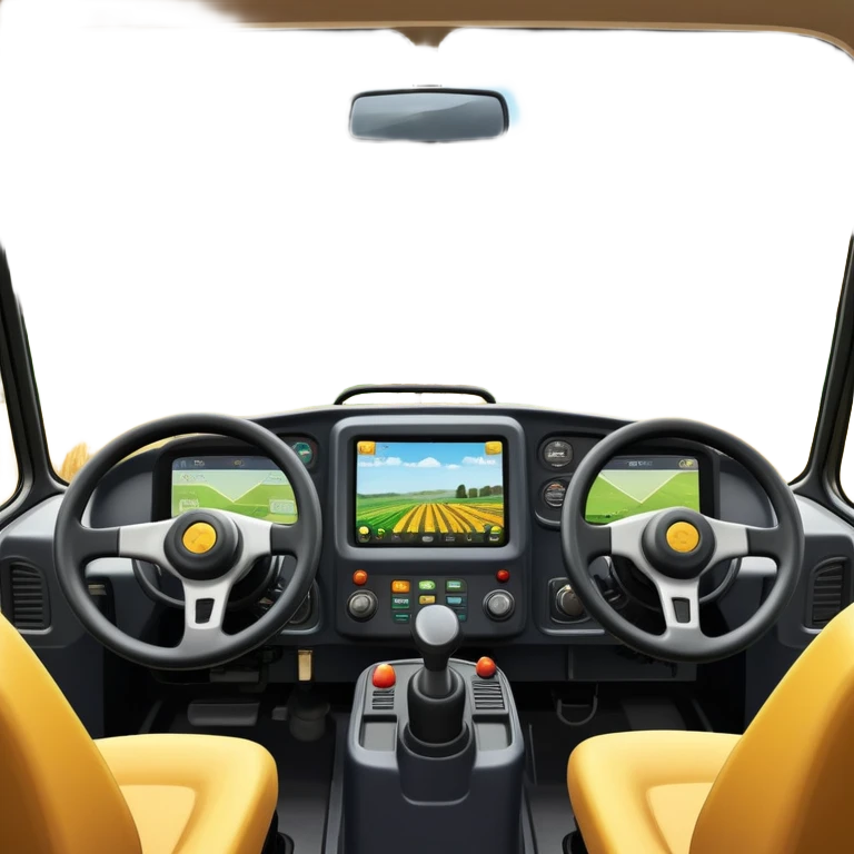 a view from the tractor cabin, with the dashboard in focus, overlooking a vibrant rural landscape. Inspired by Farming Simulator 22, the scene includes fields, crops, and distant barns under a bright sky. The design highlights the immersive experience of farm management. transparent background emoji