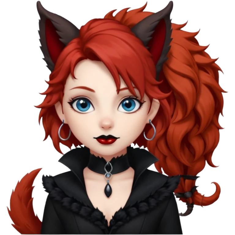  long curly red hair (darker), red pointed ears with black trim, black goth outfits, body and face human, blue eyes, more pointy chin, black lipstick, big fluffy red squirrel tail with black tips, like the attached photo with more outfits and poses,  emoji